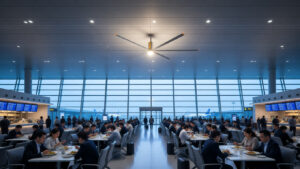 Outdoor airport food court area with HVLS ceiling fans managing airflow and reducing food odors.