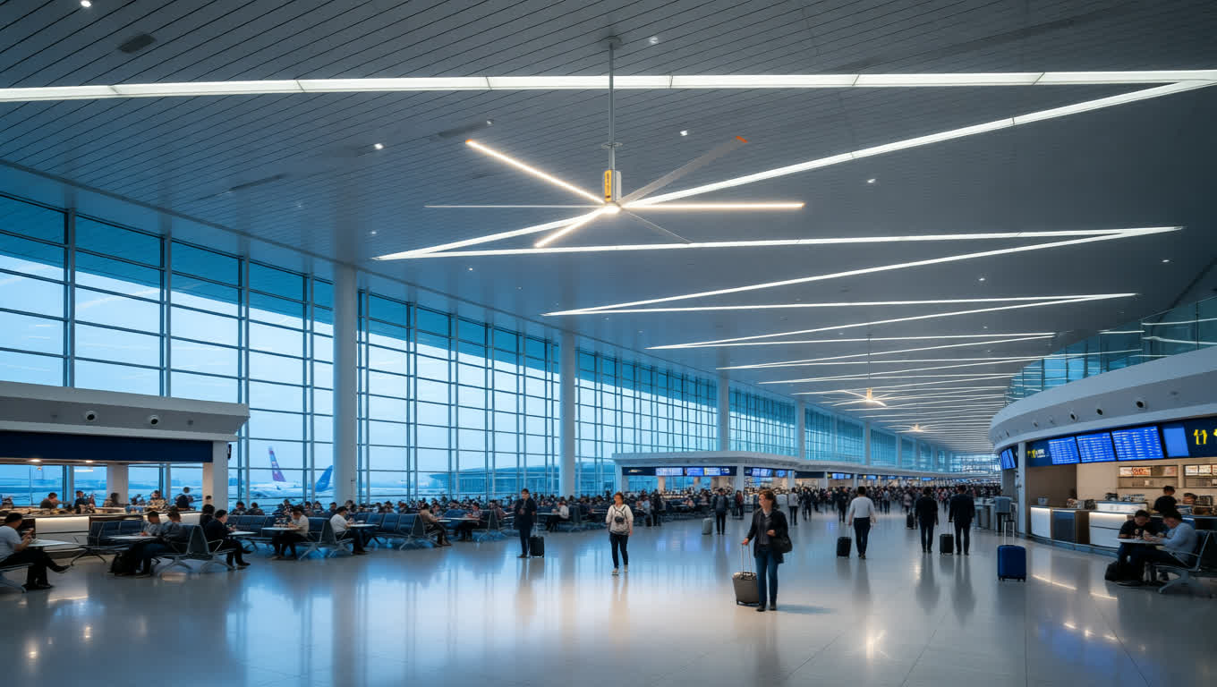 Outdoor airport food court area with HVLS ceiling fans managing airflow and reducing food odors.