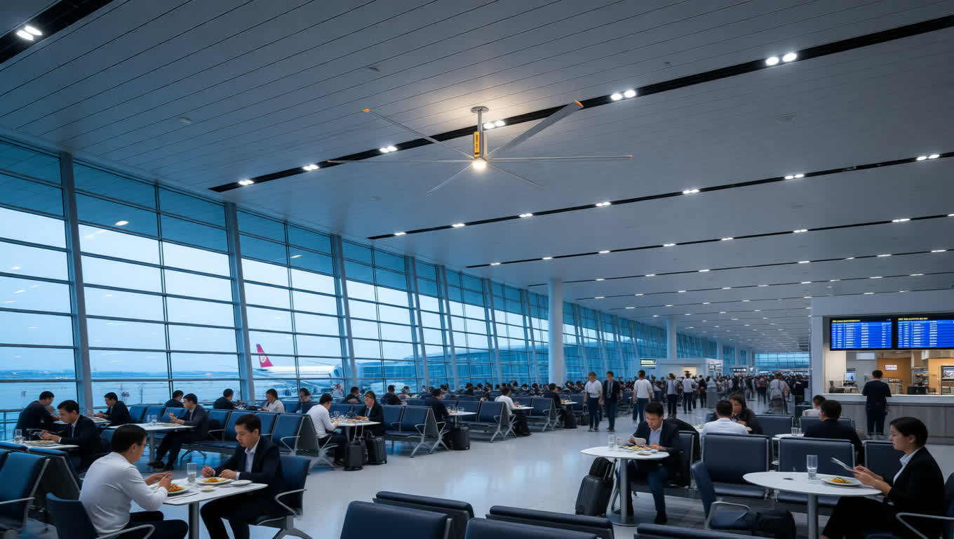 Outdoor airport food court area with HVLS ceiling fans managing airflow and reducing food odors.