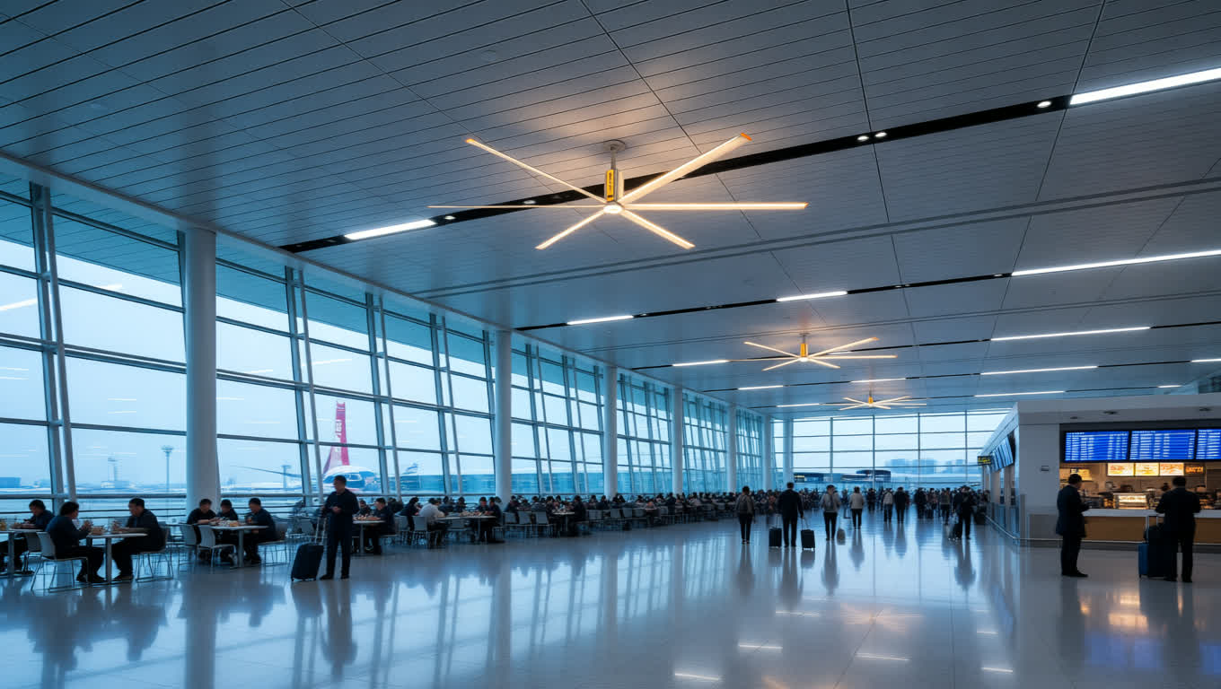 Outdoor airport food court area with HVLS ceiling fans managing airflow and reducing food odors.