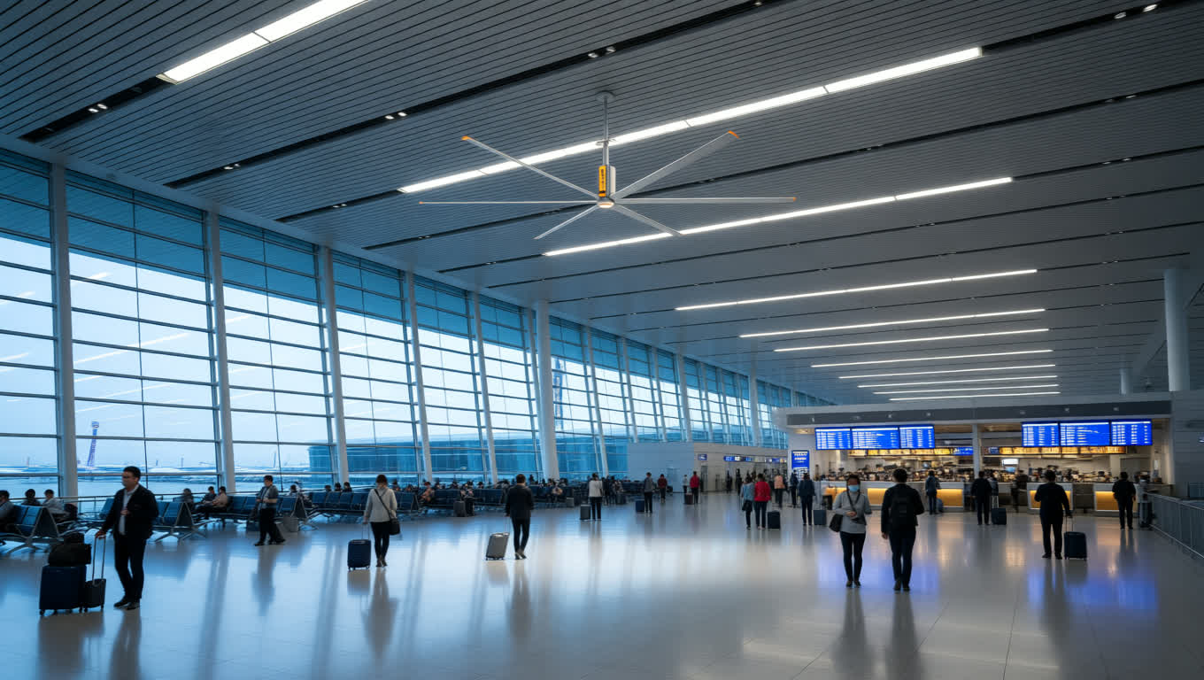 Outdoor airport food court area with HVLS ceiling fans managing airflow and reducing food odors.