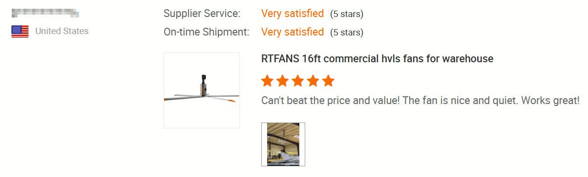 Five-star customer review from the United States for an RTFANS commercial HVLS fan