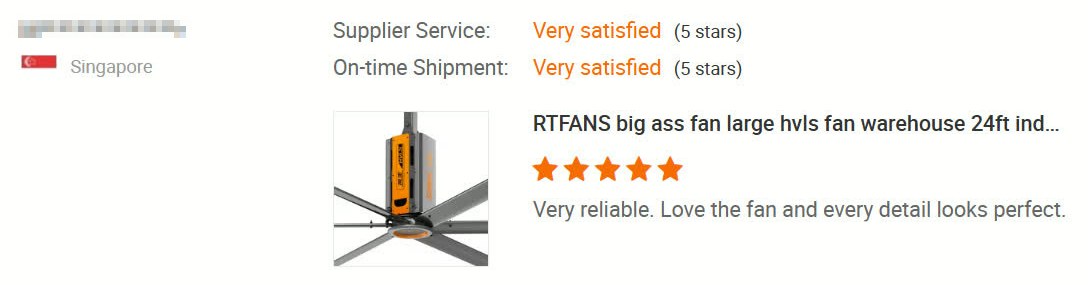Five-star customer review from Singapore for an RTFANS large HVLS fan
