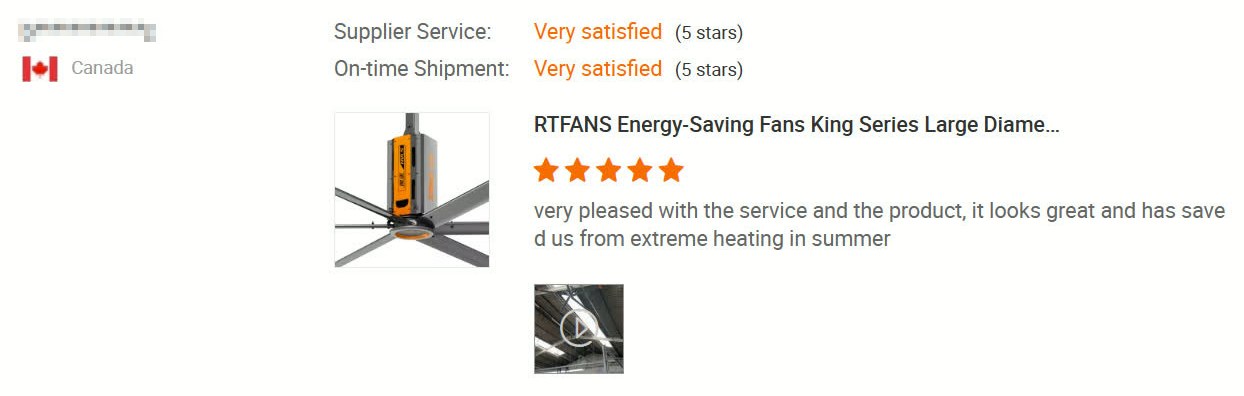 Five-star customer review from Canada for an RTFANS King Series fan
