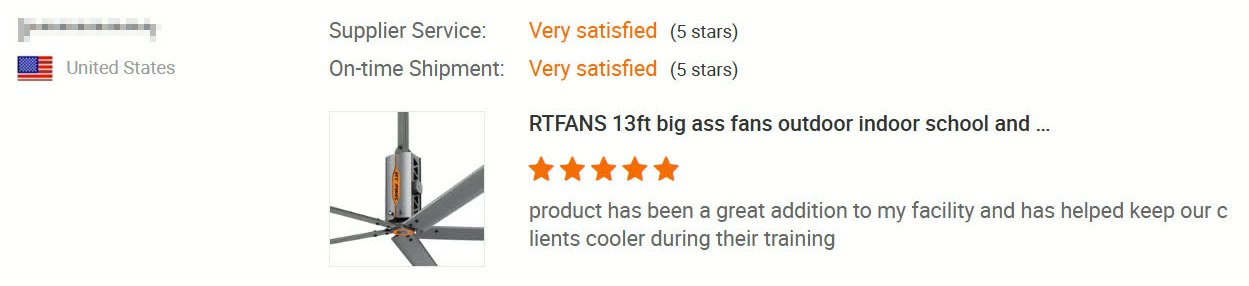 Five-star customer review from the United States for a 13-foot RTFANS fan