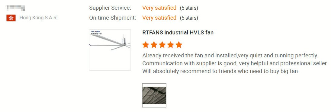 Five-star customer review from Hong Kong for an RTFANS industrial HVLS fan